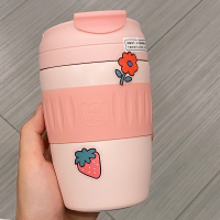 日系简约高颜值不锈钢保温杯学生成人办公室吸管咖啡杯手提便携女 粉色370ml+贴纸