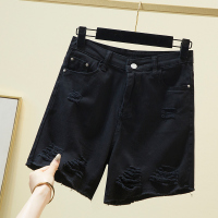 大码女装2021年夏新款胖妹妹mm破洞弹力高腰牛仔短裤宽松A字热裤 黑色 L(建议110-130斤）
