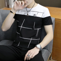 短袖T恤男夏季舒适打底小衫个性男装上衣服潮流休闲学生修身半袖 203拼接线条-黑色 M