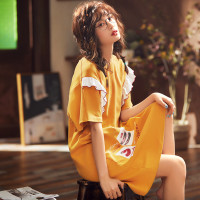 背心睡衣女夏季肥胖大码薄款睡裙短袖可爱女可外穿家居服宽松套装 E2201白花边 M