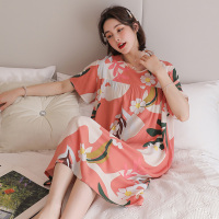 短袖棉绸睡裙女夏薄款人造棉家居裙加肥加大妈妈婆婆款中老年裙子 橘橘白小花 均码