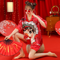 国潮冰丝睡衣女套装短袖短裤睡衣趴新娘伴娘闺蜜团中国风家居服 双短红色 M码(80-10斤)