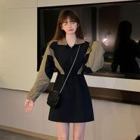2021年秋冬季新款工装风显瘦洋气减龄撞色POLO领拼接长袖连衣裙潮 拼接连衣裙 S