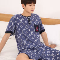 怡伴夏季青年男棉绸睡衣凉爽绵绸短袖家居服人造棉薄款加大码套装 VL字母 XL[建议100-125斤]
