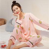 棉绸睡衣女长袖套装春夏季可爱卡通水洗棉薄款空调服人造棉家居服 长袖粉色牛油果 XXL(170)135-150