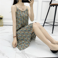 2021新款碎花吊带棉绸连衣裙短款夏季时尚外穿宽松休闲睡衣家居服 6002绿碎花 S