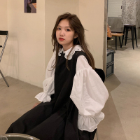 甜酷风法式茶歇梗桔初恋森系炸街裙子高端两件套装背带连衣裙秋季 白衬衣单件 S