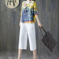 棉麻阔腿裤女裤休闲高腰直筒九分裤子宽松显瘦夏秋薄款亚麻大腿裤 054-51-白色七分无口袋 M码[90-100斤]