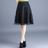 2021新款网纱半身裙春秋女中长高腰百褶裙夏气质显瘦打底a字裙子 树叶花 XLY516 M