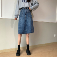 大码女装牛仔裙夏季2021年新款早秋微胖妹妹mmA字中长款半身裙子 蓝色 S码【90-100斤】
