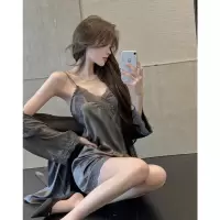 蕾丝睡衣两件套女露背性感吊带裙夏季薄款缎面绑带睡袍家居服套装 吊带裙 M