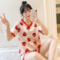 夏季睡衣女冰丝夏韩版清新V领薄款印花仿真丝绸套装可外穿家居服 QSM-V领丝短套 3703 XXL码[建议130-140