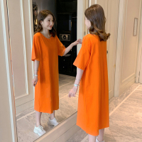 夏季韩版宽松肥大码200斤睡衣女短袖T恤裙过膝长款长裙棉家居睡裙 桔色(短袖)[纯色款] S