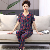 夏天中老年妈妈款套装老人奶奶棉绸睡衣女夏季短袖人造棉宽松大码 藏青红玫瑰 XL 95-120斤