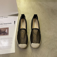 2021春季新款渔夫鞋女平底老北京布鞋蕾丝网面镂空一脚蹬懒人单鞋 黑色 35