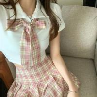 jk制服半身裙女春季新款格子百褶裙显瘦高腰短裙紧身T恤减龄套装 上衣配领标 S