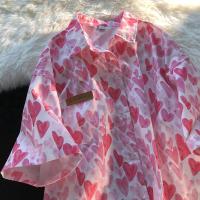法式小众别致项链爱心短袖衬衫女夏季宽松复古上衣潮牌日系花衬衣 粉色 M