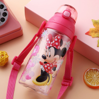 迪士尼儿童水杯小学生女夏季塑料吸管杯子幼儿园宝宝便携背带水壶 [PP材质]-米妮粉色(吸管款-500ML)