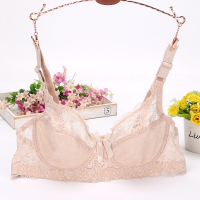 透气超薄款性感蕾丝透明网纱聚拢舒适女士文胸无海绵显小内衣 米灰加衬 32=70A