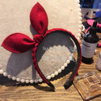 韩国麻花编织毛呢料兔耳朵发箍/头箍蝴蝶结发饰头饰 发卡百搭 酒红色