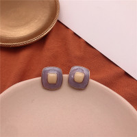 西洋中古油画珐琅耳环复古百搭小众耳钉无耳洞耳夹女 紫色方糖耳钉 银针2cm