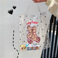 韩国ins可爱卡通小熊透明手提袋沙滩包购物袋果冻包女学生上课包 波点小熊手提袋