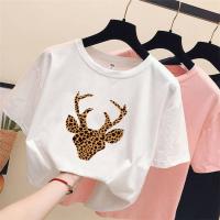 夏季韩版港风ins潮韩版宽松白色短袖t恤女中长款学生原宿半袖上衣 单件【123常规款#豹纹-雄鹿】 S