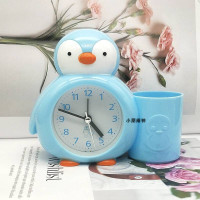 可爱企鹅卡通时尚笔筒小闹钟学生儿童用创意多功能床头电子时钟表 天蓝色 送一节五号电池