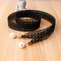 蕾丝腰带女韩版夏季收腰时尚百搭珍珠腰链大码装饰束腰绳连衣裙带 黑色 155cm