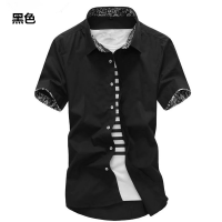 青少年夏季短袖衬衫男夏天帅气格子衬衣初中高中学生寸衫韩版衣服 短袖翠花黑色衬衫 M码(建议95斤左右)