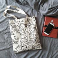 INS学生漫画女包包帆布袋 韩国日系ulzzang女单肩帆布包时尚书包 漫画图案 白单肩