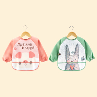 宝宝罩衣儿童吃饭围兜婴儿饭兜秋冬防水防脏长袖反穿衣围裙画画衣 快乐小猪+草绿害羞兔 90(90均码(建议0-1岁))