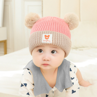 婴儿帽子秋冬0-12个月男女宝宝公主毛线帽幼儿保暖可爱围脖1--3岁 粉色-米奇双球 适合3-28个月(内衬棉布)[买2