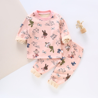 儿童韩版保暖内衣套装加绒加厚女童秋衣秋裤男宝宝保暖衣秋季冬款 蝴蝶结兔粉色加绒套装 90cm