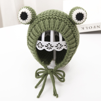 宝宝帽子秋冬婴幼儿毛线渔夫帽可爱超萌1-2岁3女童保暖羊羔绒盆帽 绿色 青蛙单帽 参考年龄6-18个月/帽围40-46厘