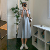新款B2021收腰显瘦中长款POLO领A字短袖连衣裙女裙子_灰色_M建议95-110斤