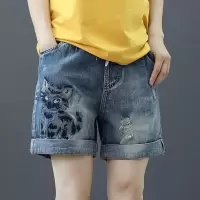 松紧腰刺绣牛仔短裤女宽松夏季新款高腰_8902#汽车款色差较大介意_2XL_30参考120-130斤偏小一码