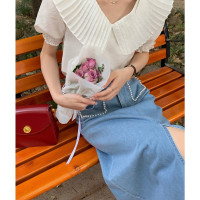 SJ#6051 2021夏季新款时尚珍珠牛仔半身裙a字气质开叉高腰短裙女_浅蓝色_XL(125-140)