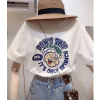 JS-6184#2021夏季可爱卡通印花圆领白色短袖女装t恤女宽松上衣_6058-白色_均码(80-130)