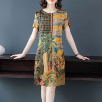 好物中老年妈妈冰丝连衣裙女202夏新款复古遮肚印花圆_红色_M建议80-95斤以内