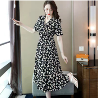 限量福利小雏菊碎花裙2021新款中长款v领气质收腰显瘦连衣裙_小雏菊_M 90-105斤