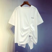 杨张治精选夏季短袖t恤女装宽松韩版大码个性抽绳百搭上衣_白色_2XL160-200斤