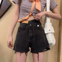 5185#夏季高腰宽松显瘦阔腿A字短热裤破洞毛边裤子_黑色_XL(121-130斤)