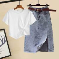 夏季套装女2021新款大码胖妹妹洋气显瘦T恤百搭牛仔半身裙两件套_105黑色上衣单件_XL建议120-140斤