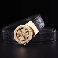 皮带十来旋转自动扣腰带A_荔枝纹金色