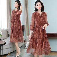 连衣裙女2021夏季新款五分袖宽松网纱a字裙轻熟风洋气大码裙子_墨绿色_3XL 建议135-150斤