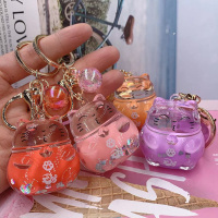 夏季新款果冻皮绳入油猫钥匙扣配件亚克力猫女生书包挂件_625流沙猫-大红