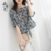 小清新气质印花雪纺短袖T恤女夏季新款洋气宽松下摆系带显瘦上衣_图片色_XS30-40斤穿