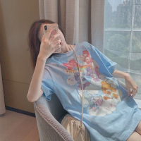 《鬼胡胡严选》蓝色小熊T恤女短袖宽松上衣_粉红色_2XL建议130-145斤