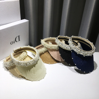 手工编织珍珠拉菲草空顶鸭舌帽女士遮阳帽沙滩出游防晒帽子女明星_黑色檐